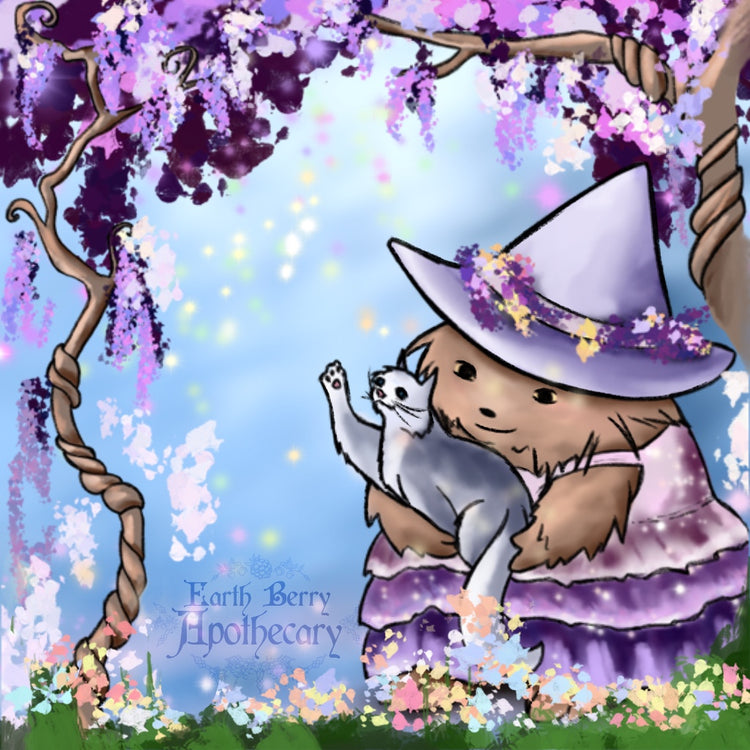 Harmony hedge witch holding a cute cat, in a wisteria forest