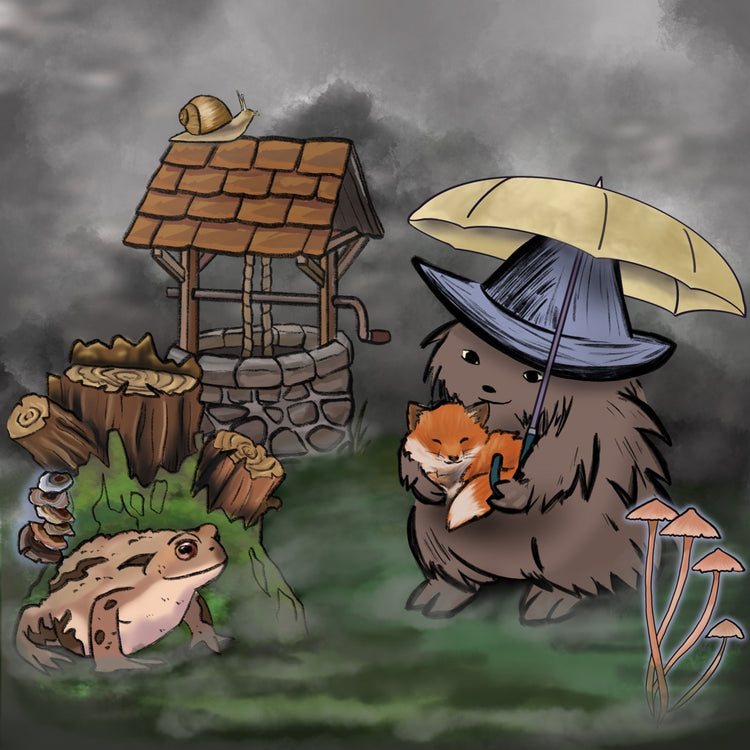 Petrichor candle for rain lovers and fantasy lovers. Harmony hedge witch, a hedgehog, holds a baby fox, while a toad and snail chat.
