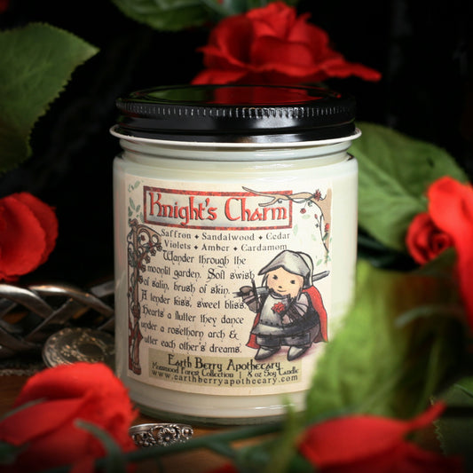 Medieval fantasy themed candle called knights charm. Scented with saffron, sandalwood, and amber.