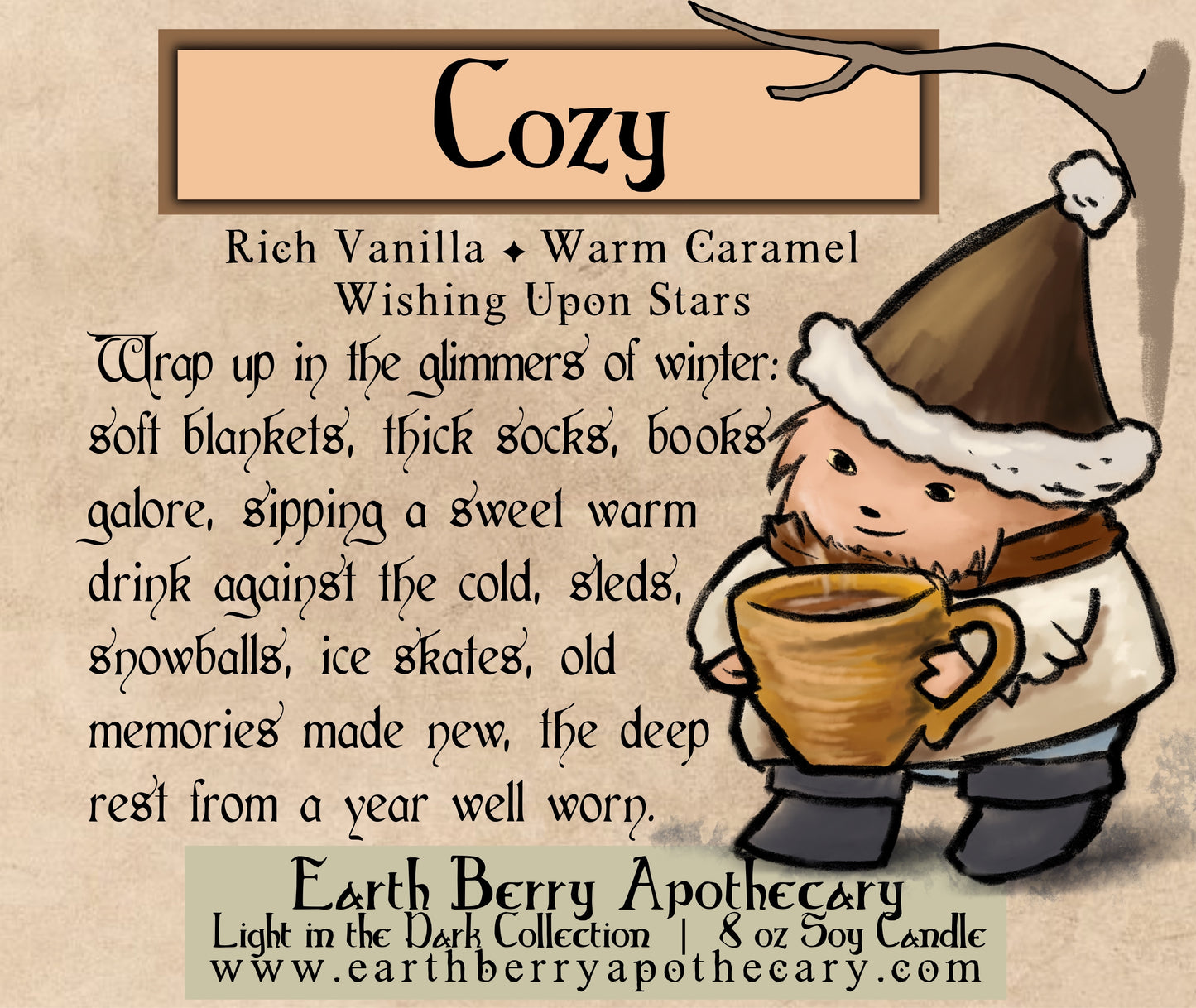 cozy warm vanilla and caramel scented soy candle. Always clean burning and nontoxic