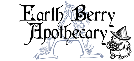 Earth berry apothecary hedge witch logo. The hedgehog witch holds a berry and stands by the self care company name, with a blue letter a growing flowers, vines, and mushrooms.  