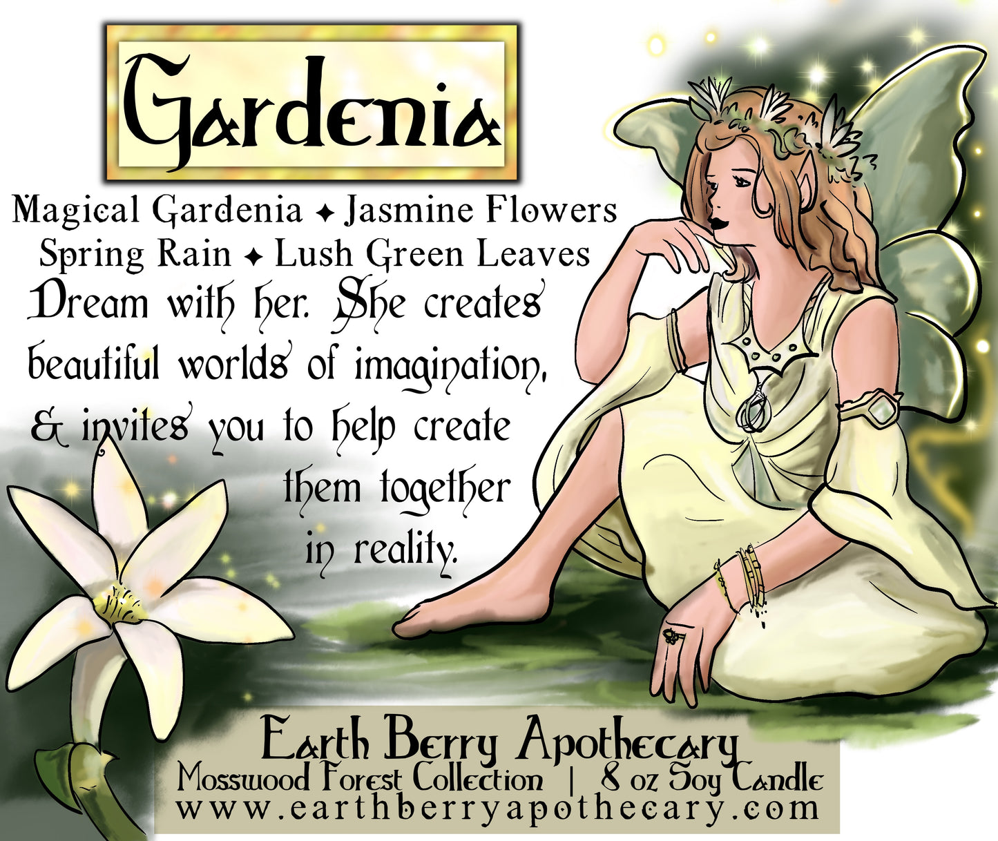 Gardenia scented flower fairy soy candle. The fairy wears a beautiful yellow dress and has flowers in her blonde hair.