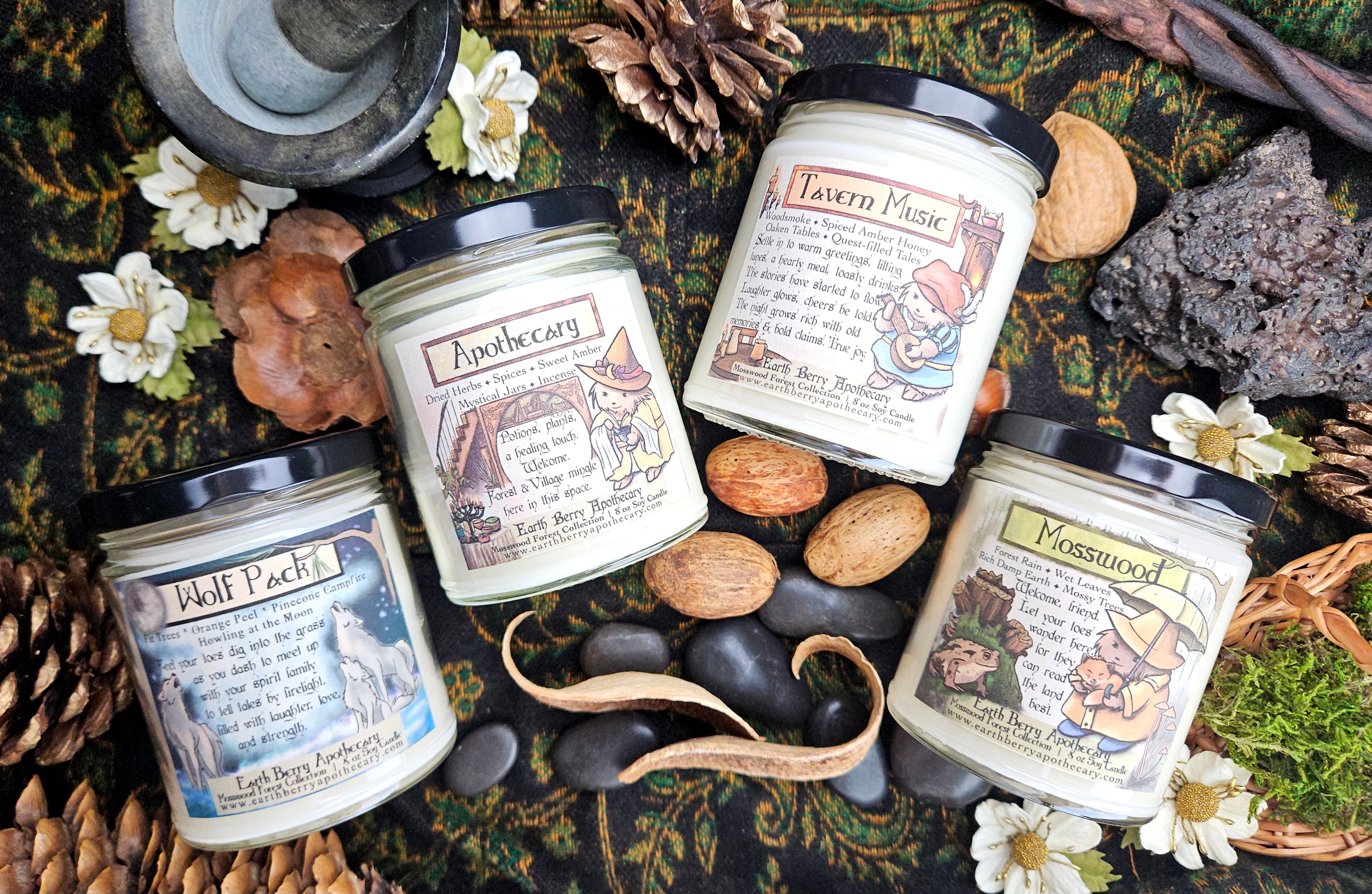 Cute fantasy candles featuring wolves and hedgehog hedge witch illustrations and mini stories