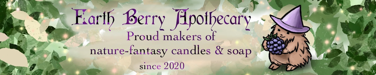 A cute hedgehog hedge which holds a blackberry. The text reads Earth Berry Apothecary, proud makers of nature-fantasy candles and soap since 2020