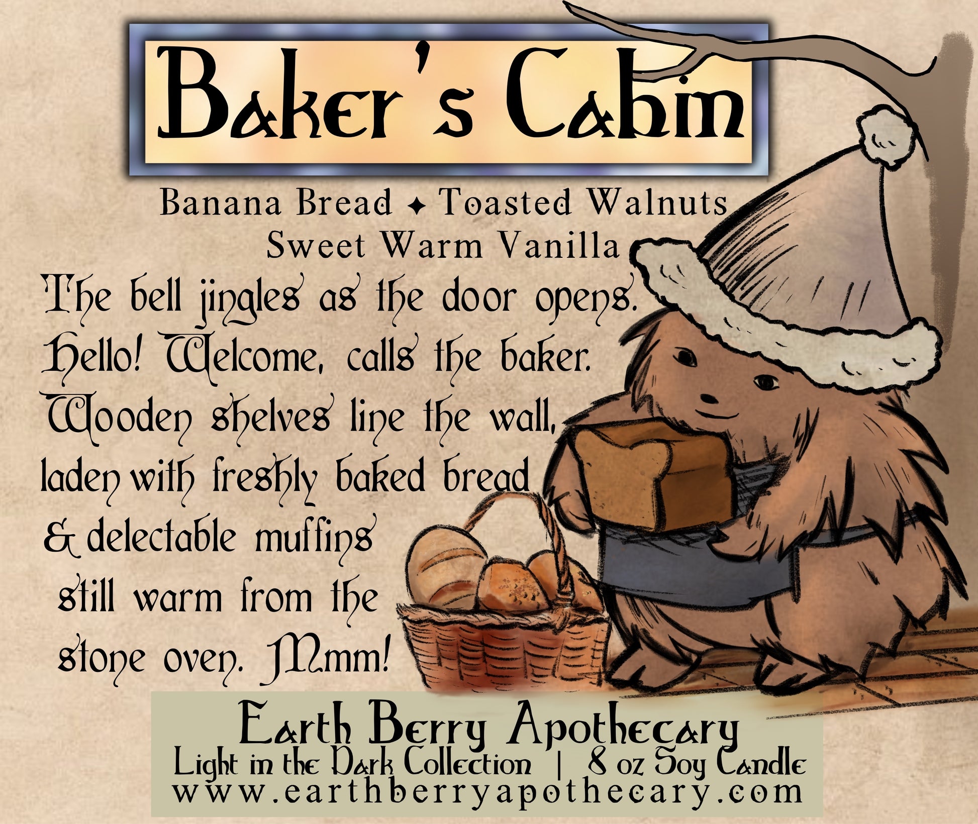 Baker's Cabin banana nut bread scented soy candle. Always clean burning and nontoxic.