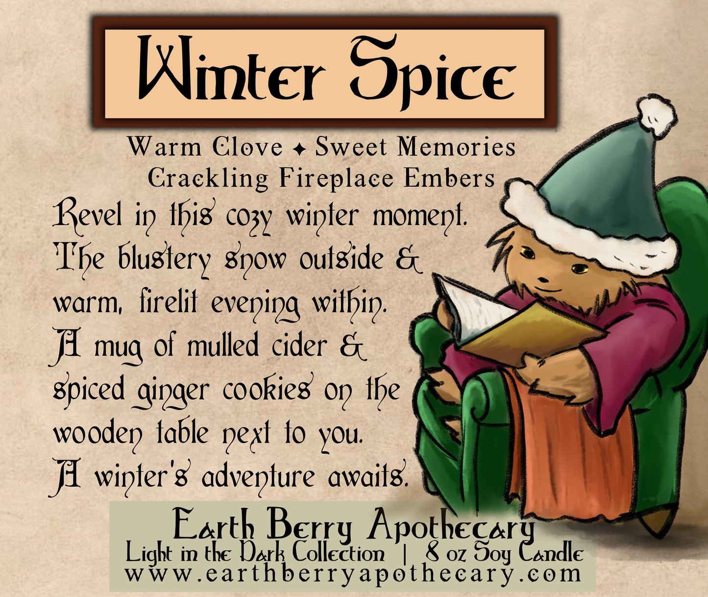 Winter spice warm clove scented soy candle. Always clean burning and nontoxic.