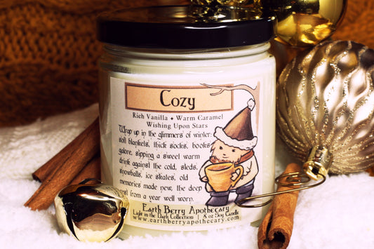 Delightfully Cozy vanilla caramel scented soy candle, always clean burning and nontoxic.