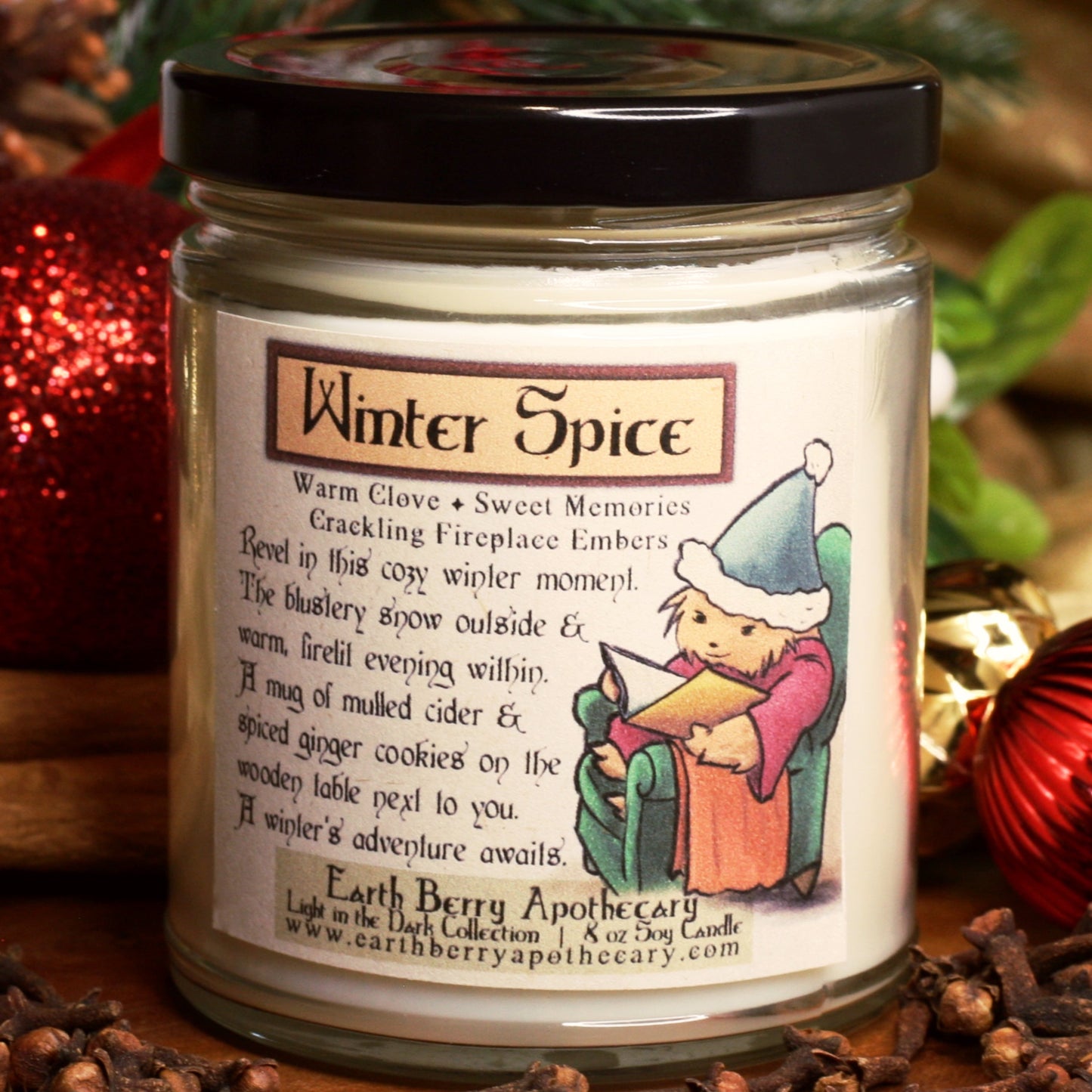 Winter spice warm clove scented soy candle. Always clean burning and nontoxic