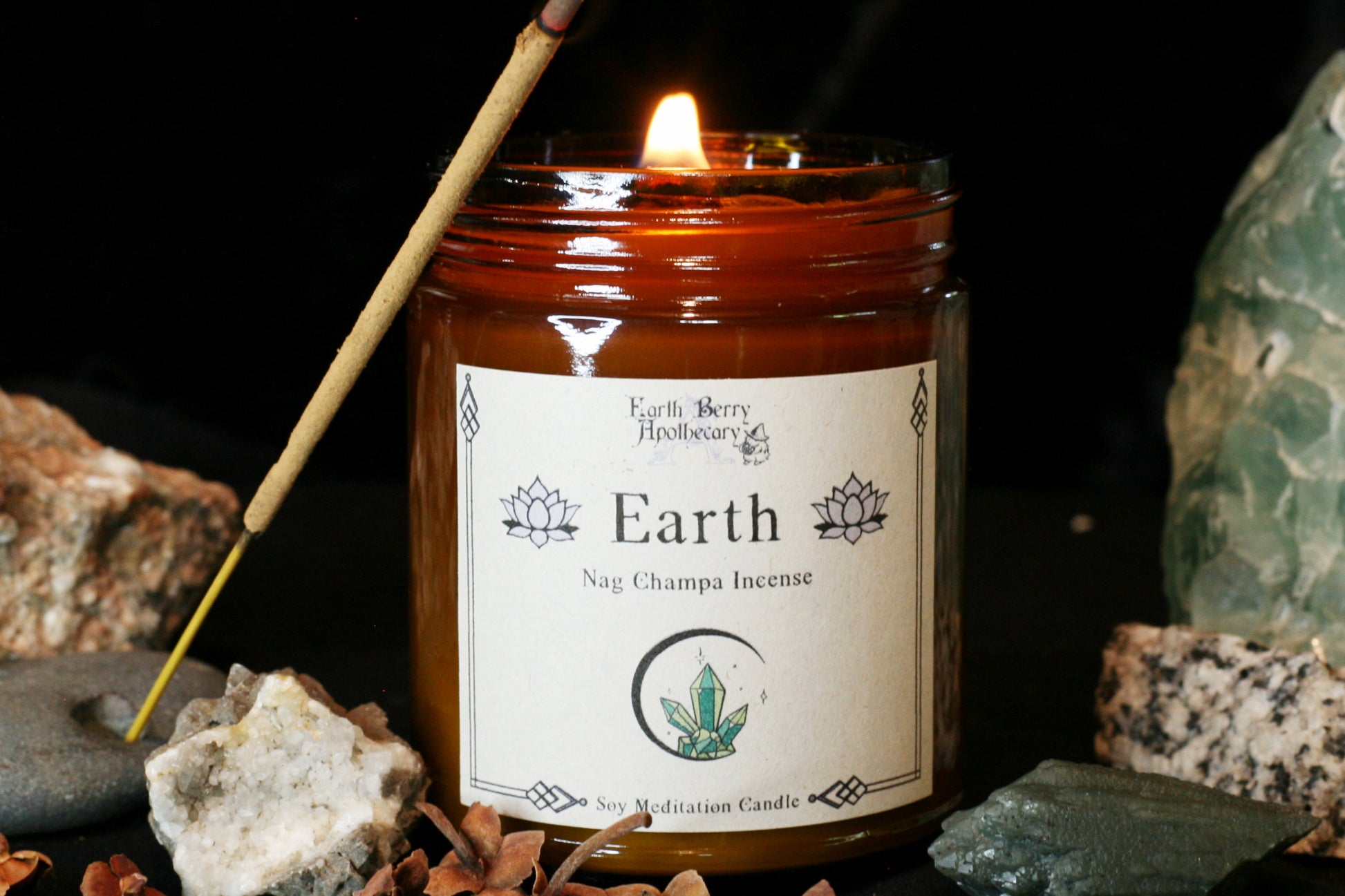 Earth element nag Champa incense scented crackling wood wick soy candle