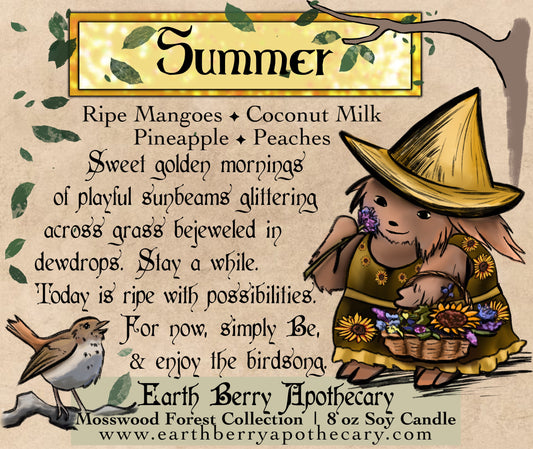 Clean burning Summer soy candle scented with mango, coconut milk, pineapple, and peaches. A hermit thrush bird sings on the label, next to a poem. A hedge witch in a sunflower dress smells a purple flower.