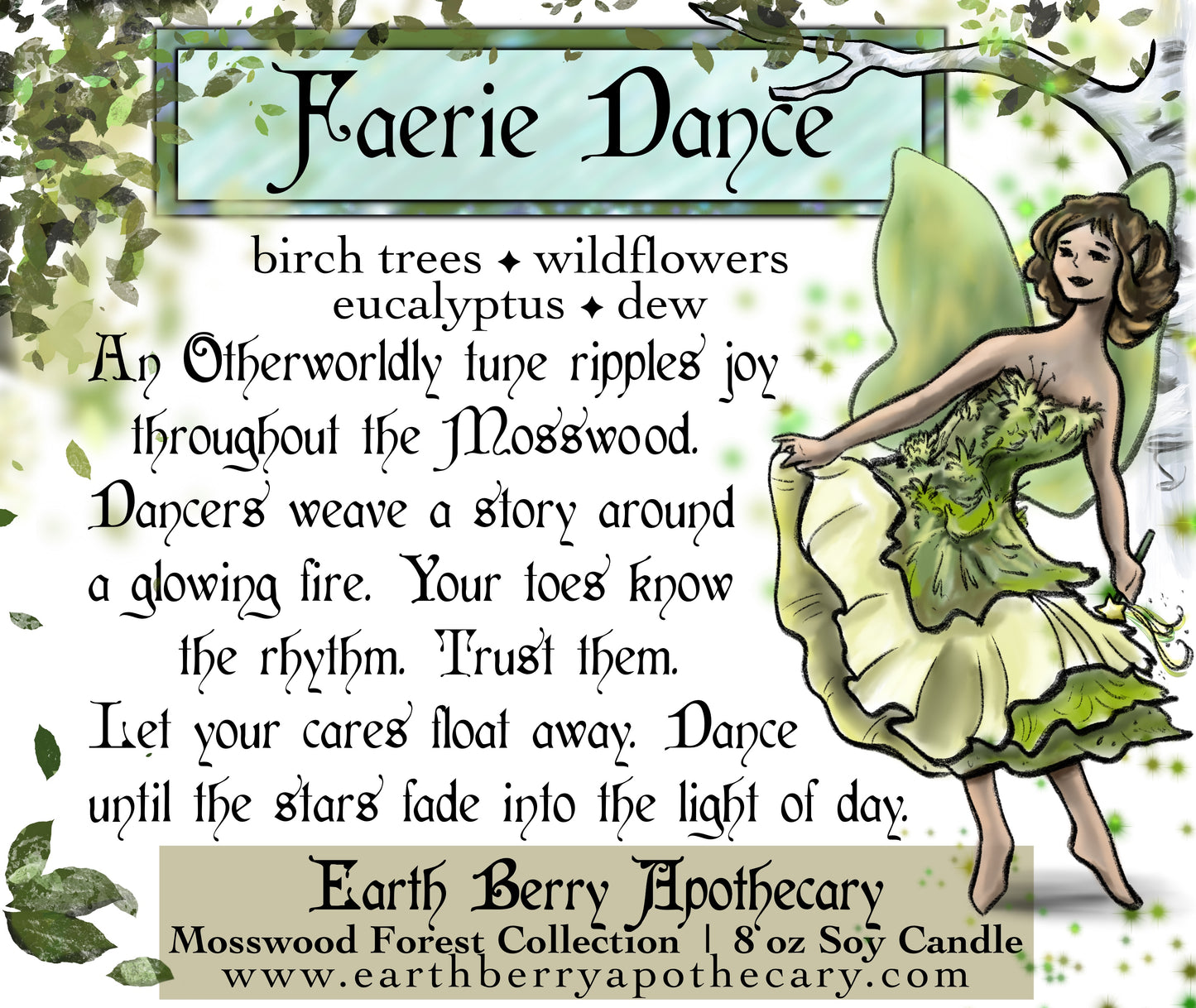 Faerie dance soy candle with birch and wildflower scent. Also fairy dance.