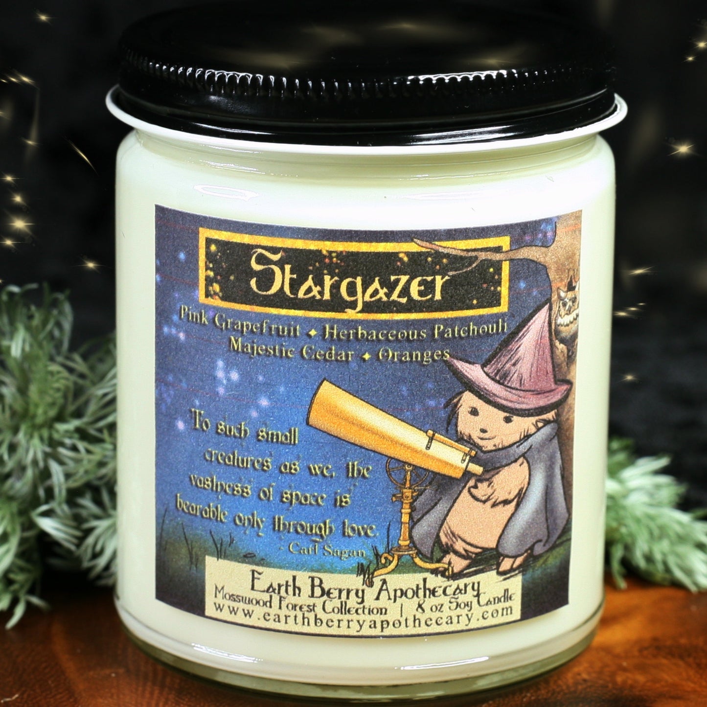 Stargazer soy candle with the hedge witch using an old telescope. An owl sits in a tree hollow. The scent is grapefruit and patchouli