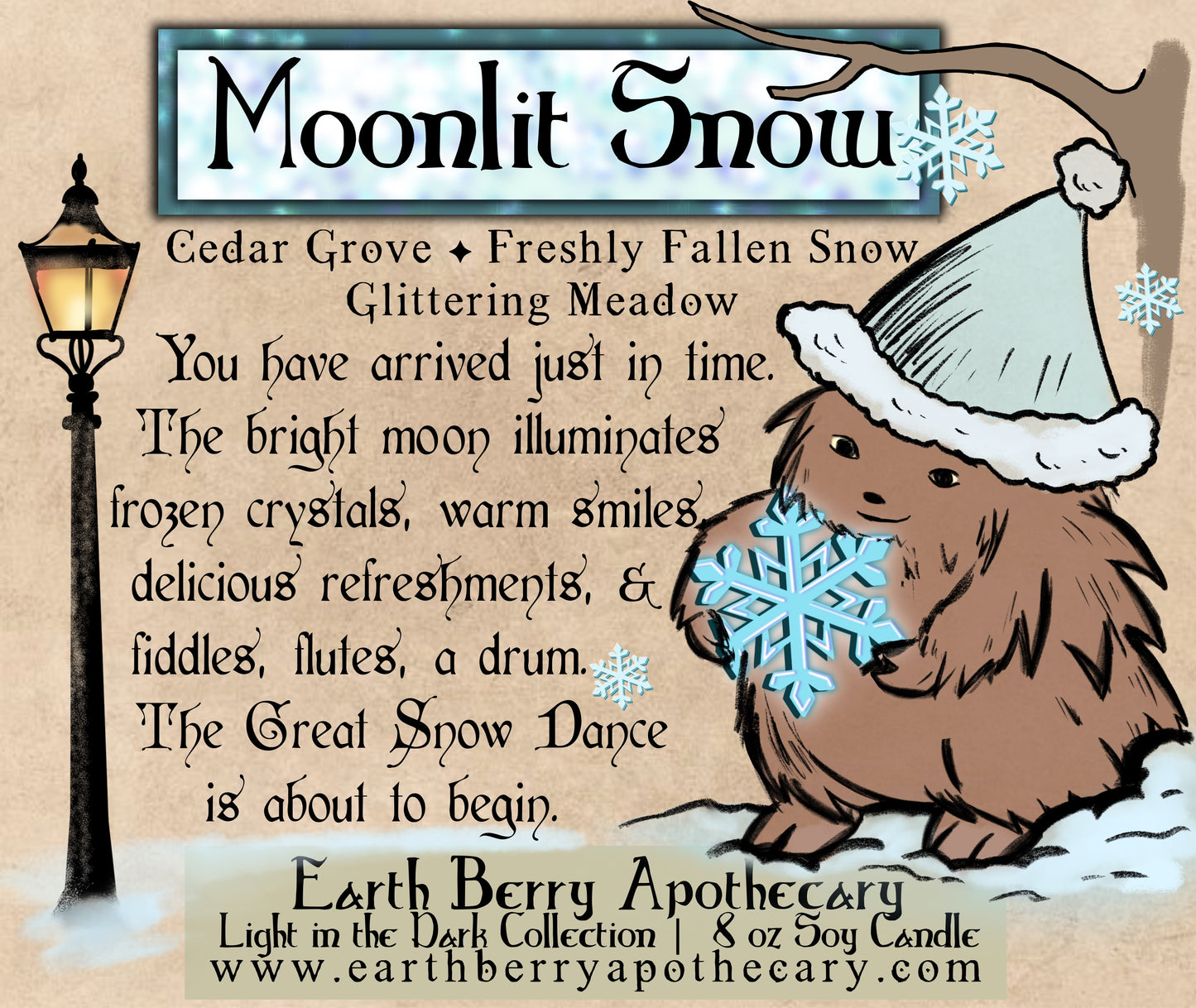 Moonlit snow winter scented soy candle. Pine and cedar with snowy branches. The hedge witch holds a snowflake. A Narnia inspired lamppost glows nearby.