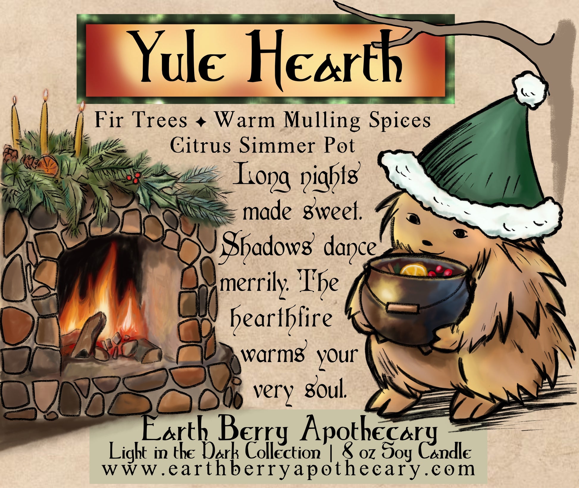 Yule hearth soy candle label with a hedge witch carrying a simmer pot to a fireplace decked out in evergreen boughs and three candlesticks