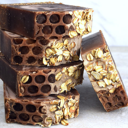 Beautiful Exfoliating honey oatmeal soap with oats and honeycomb pattern
