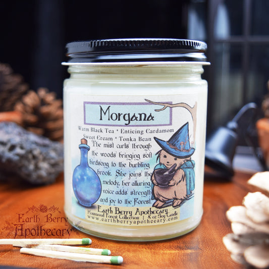 Cardamom, black tea, and vanilla scented fantasy candle called Morgana