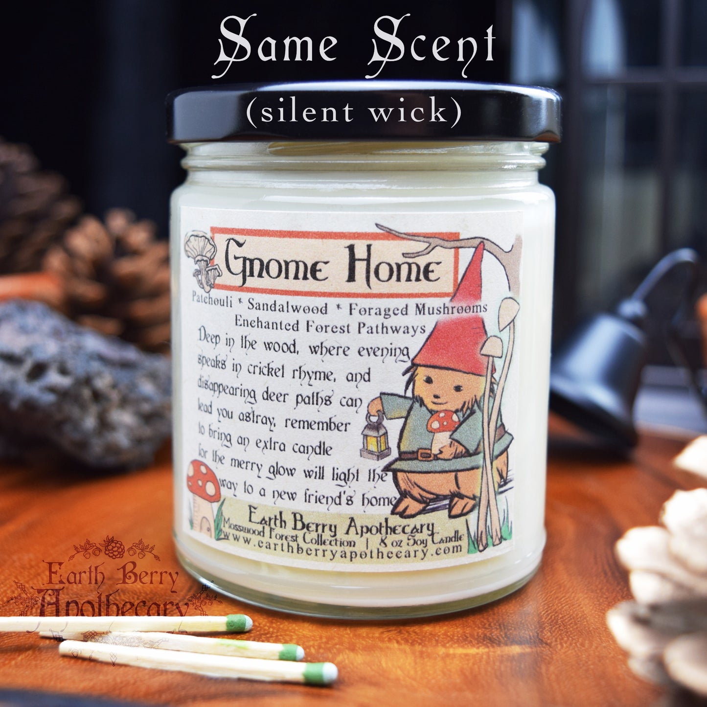 Patchouli sandalwood scented candle called gnome home with mushrooms