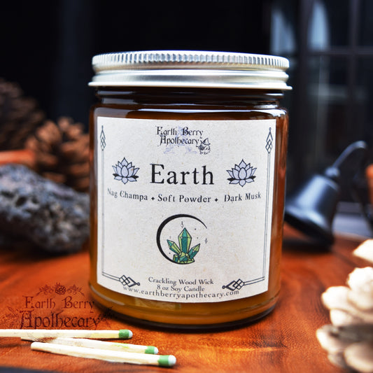 Nag Champa scented crackling wood wick candle called earth element