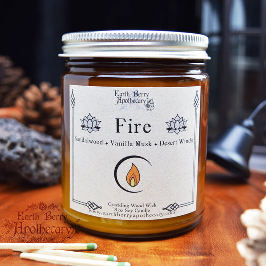 Sandalwood and vanilla musk scented crackling wood wick candle called fire element