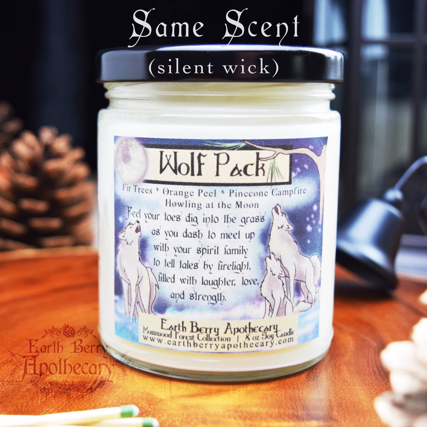 Orange citrus and woodsmoke scented fantasy nature candle called wolf pack, featuring a family of 3 wolves howling at the moon