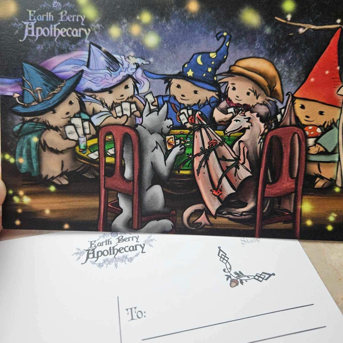 Fantasy themed Post card with witches, wizards, dragons, wolves, gnomes, mushrooms, and moon dust cottagecore playing cards