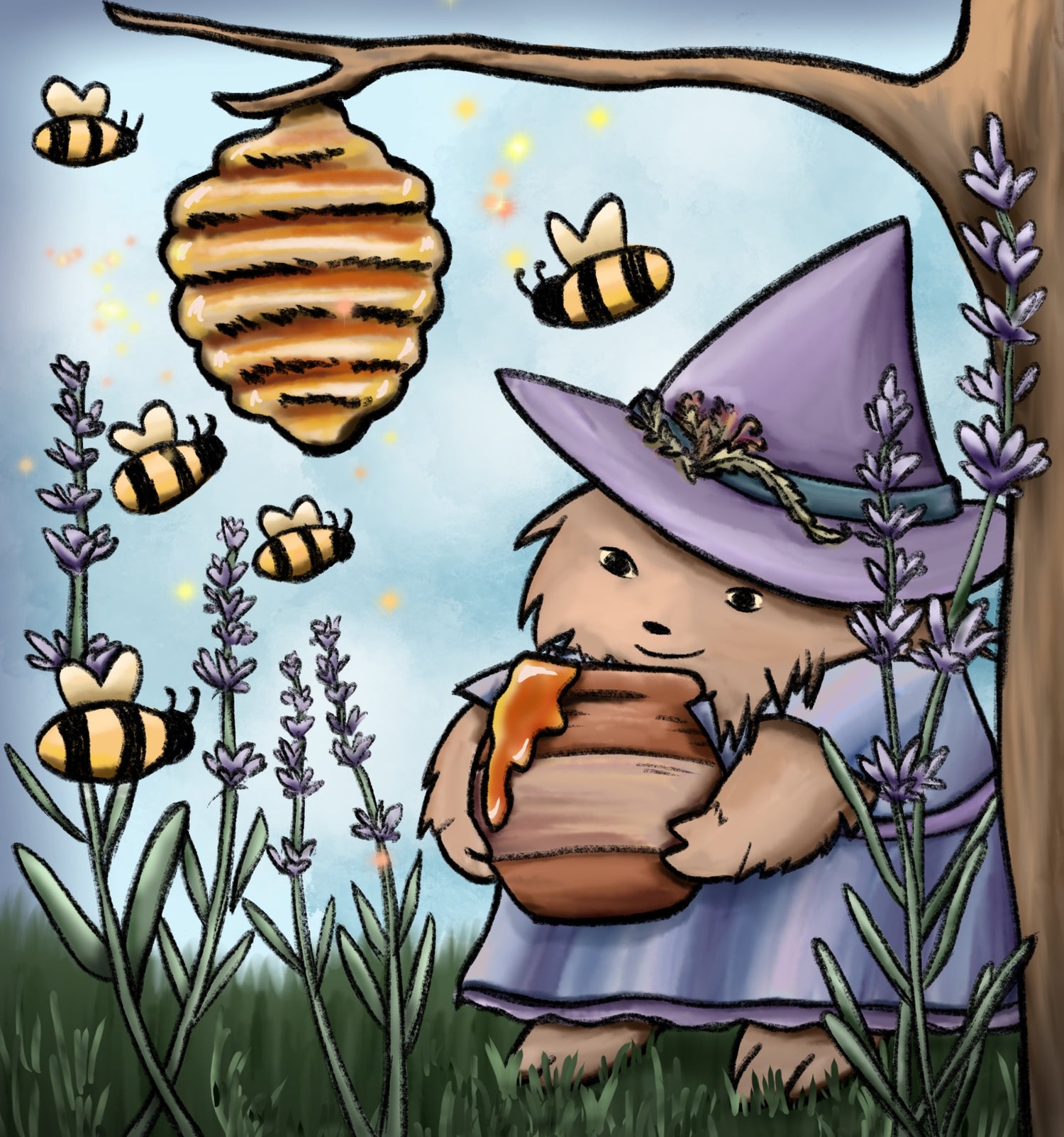 A cute hedgehog hedge witch holding a jar of honey while bees fly around her