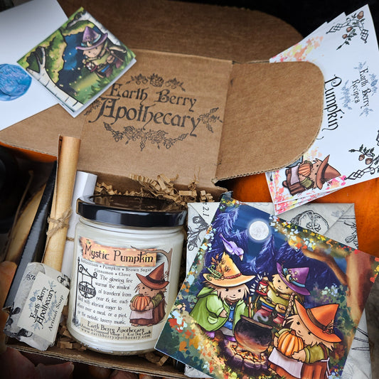 Deluxe pumpkin spice candle box with autumn illustrations, recipes, and soap.