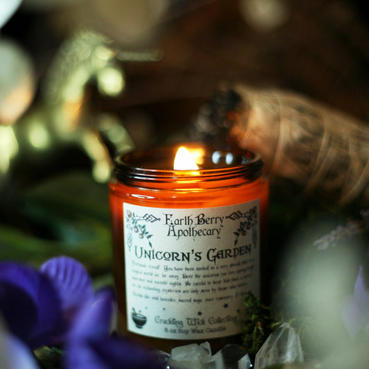 Lavender sage scented crackling wood wick candle called unicorns garden