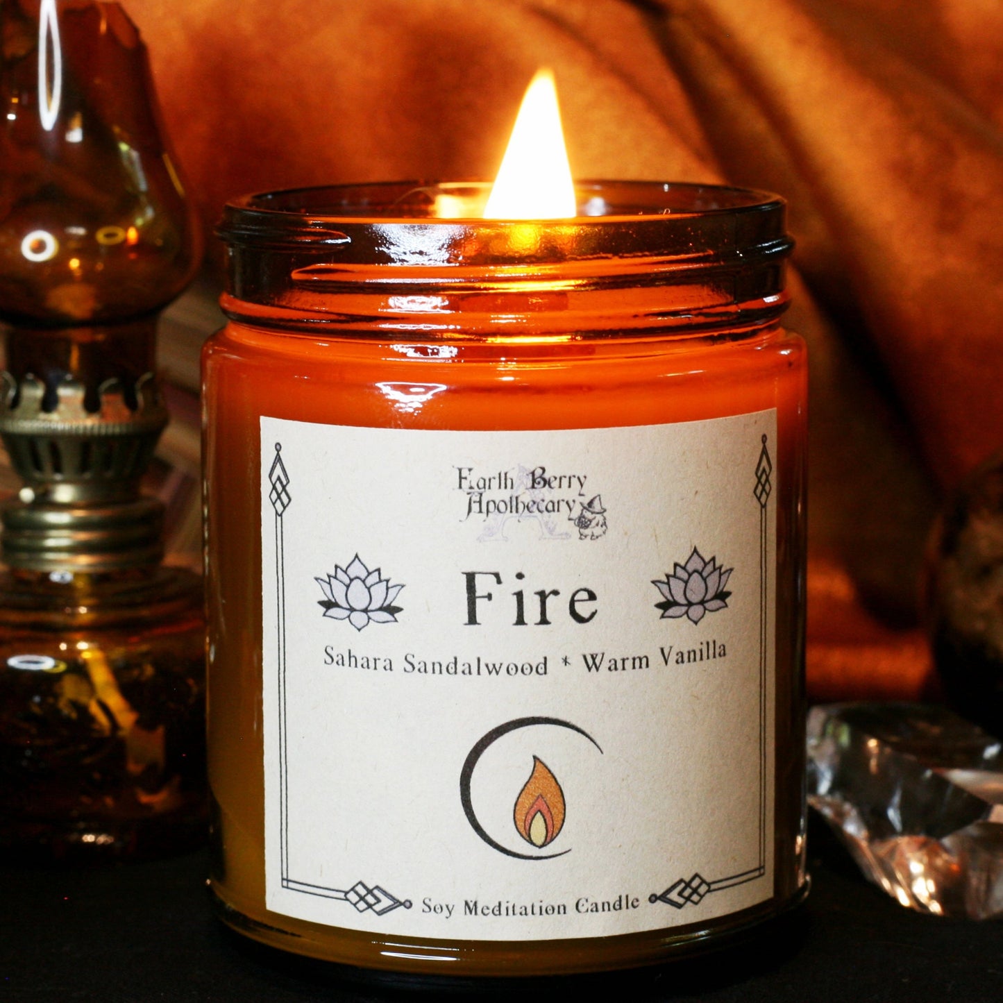 Vanilla musk and sandalwood scented crackling wood wick candle called fire