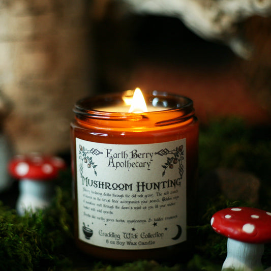 Patchouli sandalwood scented crackling wood wick candle called mushroom hunting