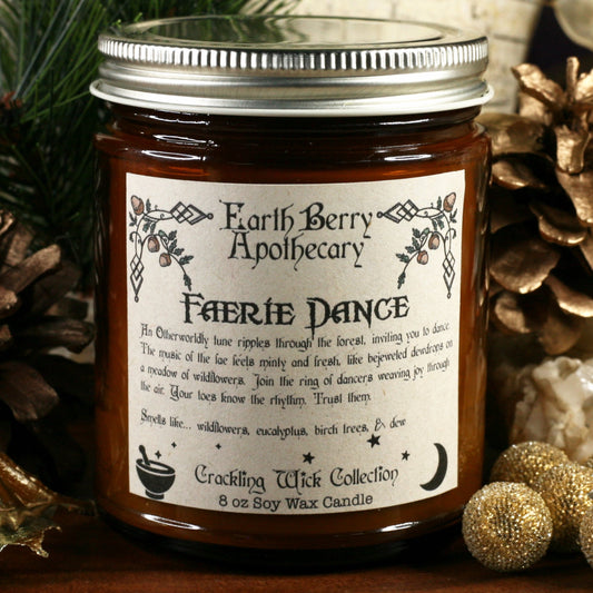 Faerie dance candle scented with wildflowers, eucalyptus, and birch trees