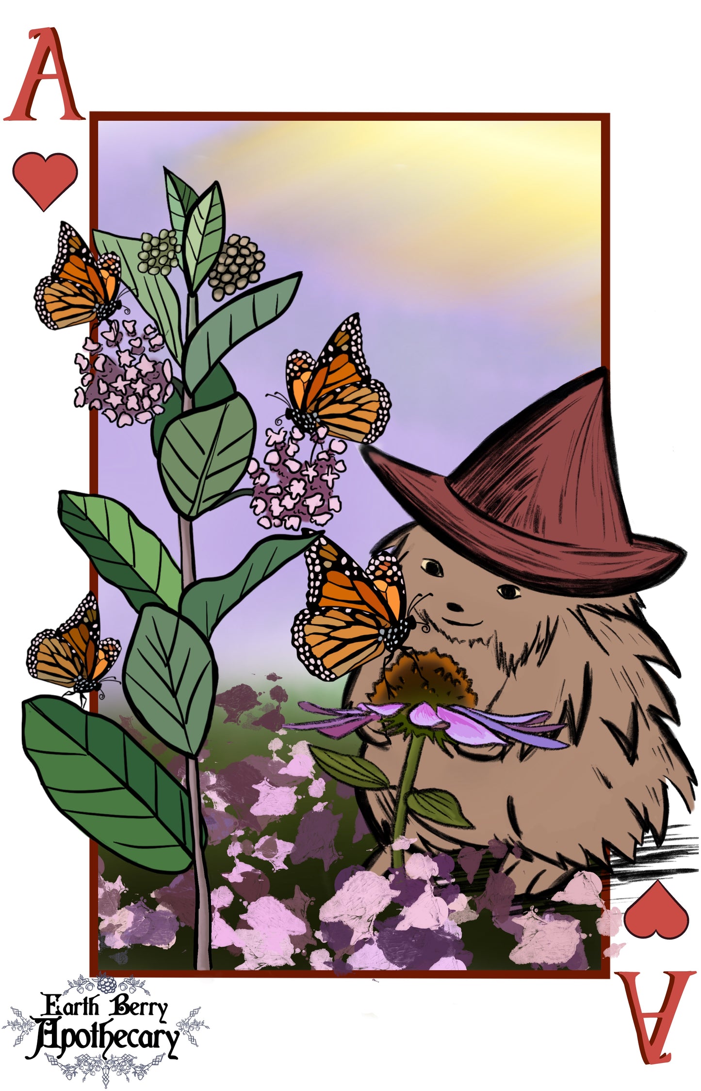 Playing cards inspired by nature. Hedge witch and monarch butterflies on milkweed flowers. Ace of hearts.