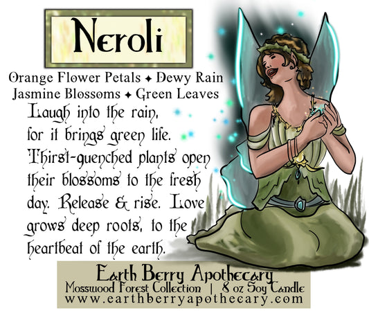Neroli orange flower fairy scented soy candle. The flower fairy is wearing a beautiful green dress and has blue sparkles.