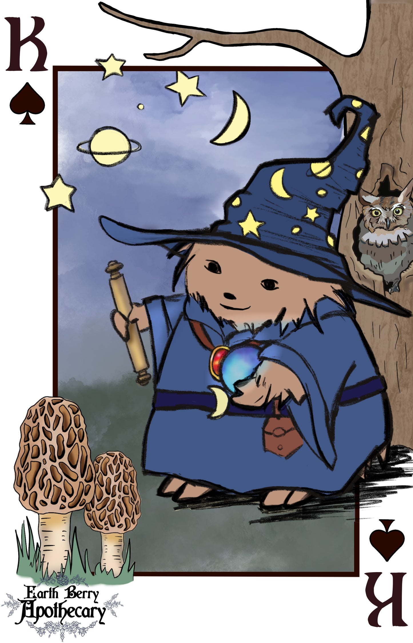 Fantasy themed playing cards. The king of spades is Merlin. He has a wizard hat with moons and stars. An owl sits in an old tree. Morel mushrooms grow in the foreground.