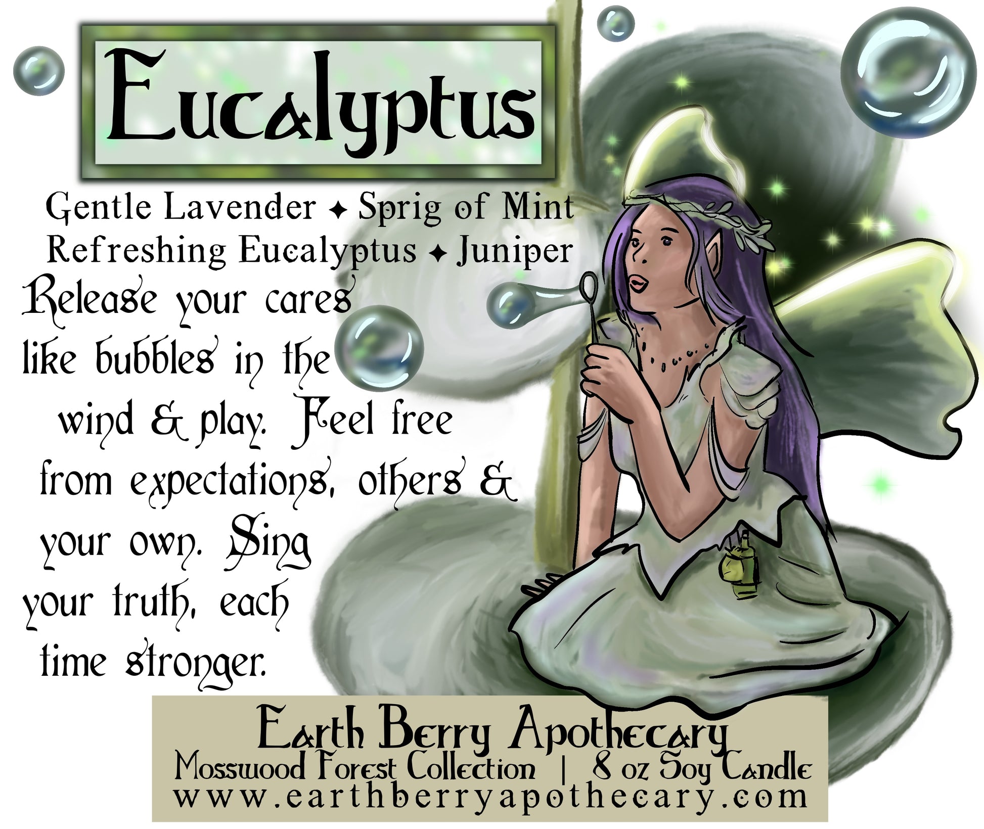 Eucalyptus scented candle with a flower fairy wearing a beautiful green dress blowing bubbles. She has flowers in her long, dark hair.