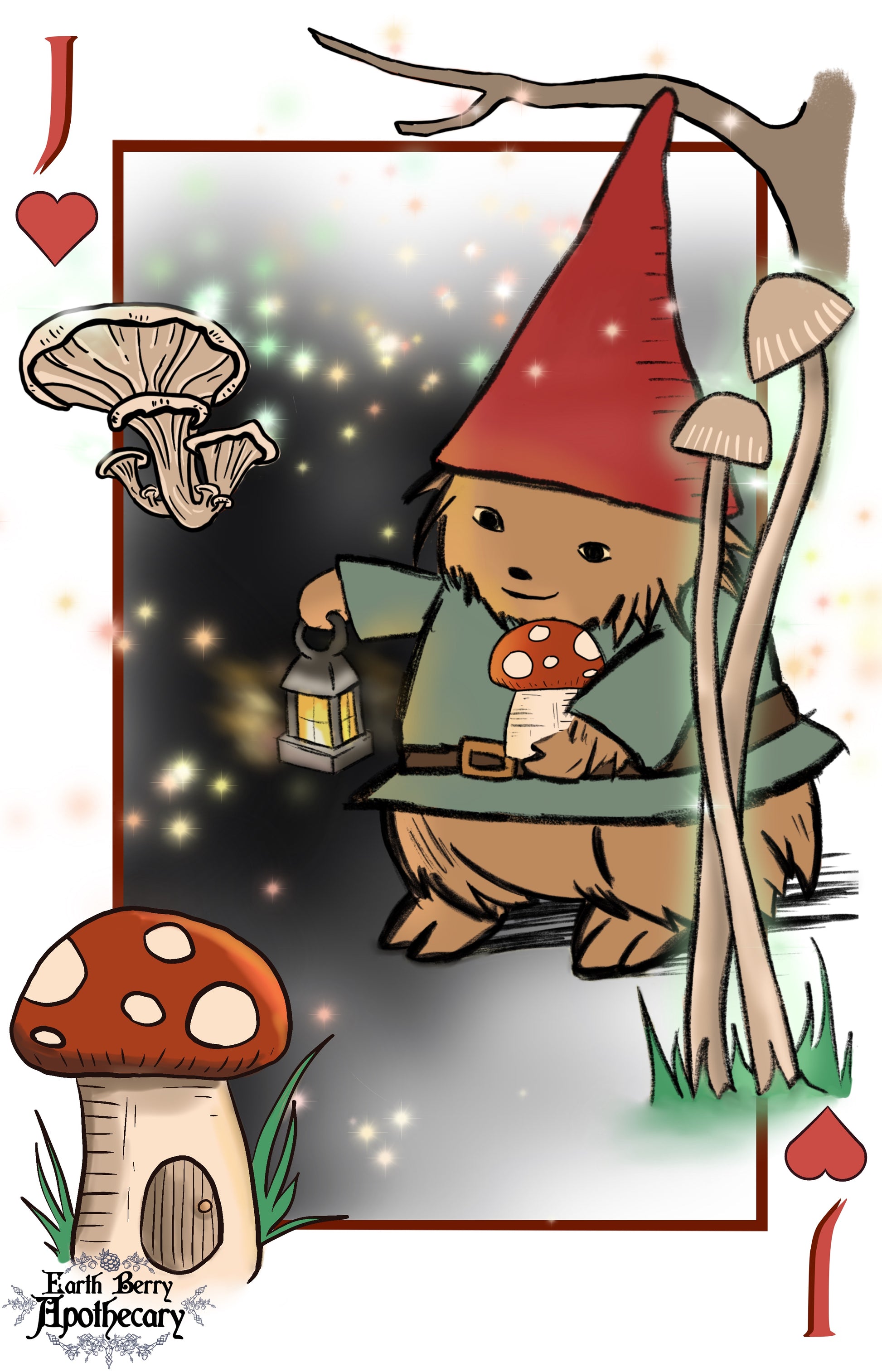 Fantasy themed playing cards. The jack of hearts playing cards depicts a hedge witch gnome holding a glowing lantern and fairy mushroom. A mushroom house sits in the foreground. Oyster mushrooms grow on a tree in the dark.