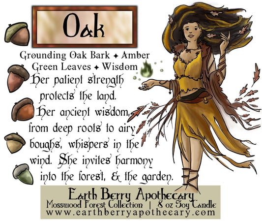 Oak scented soy candle depicting a powerful dryad wearing oak leaves holding a green flame of life￼￼, with an acorn border.