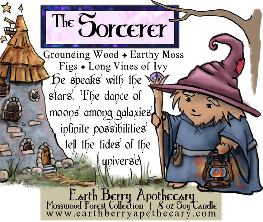 The sorcerer is a moss and fig scented soy candle depicting a hedge witch sorcerer carrying a lantern and a magical staff, headed toward his tower.
