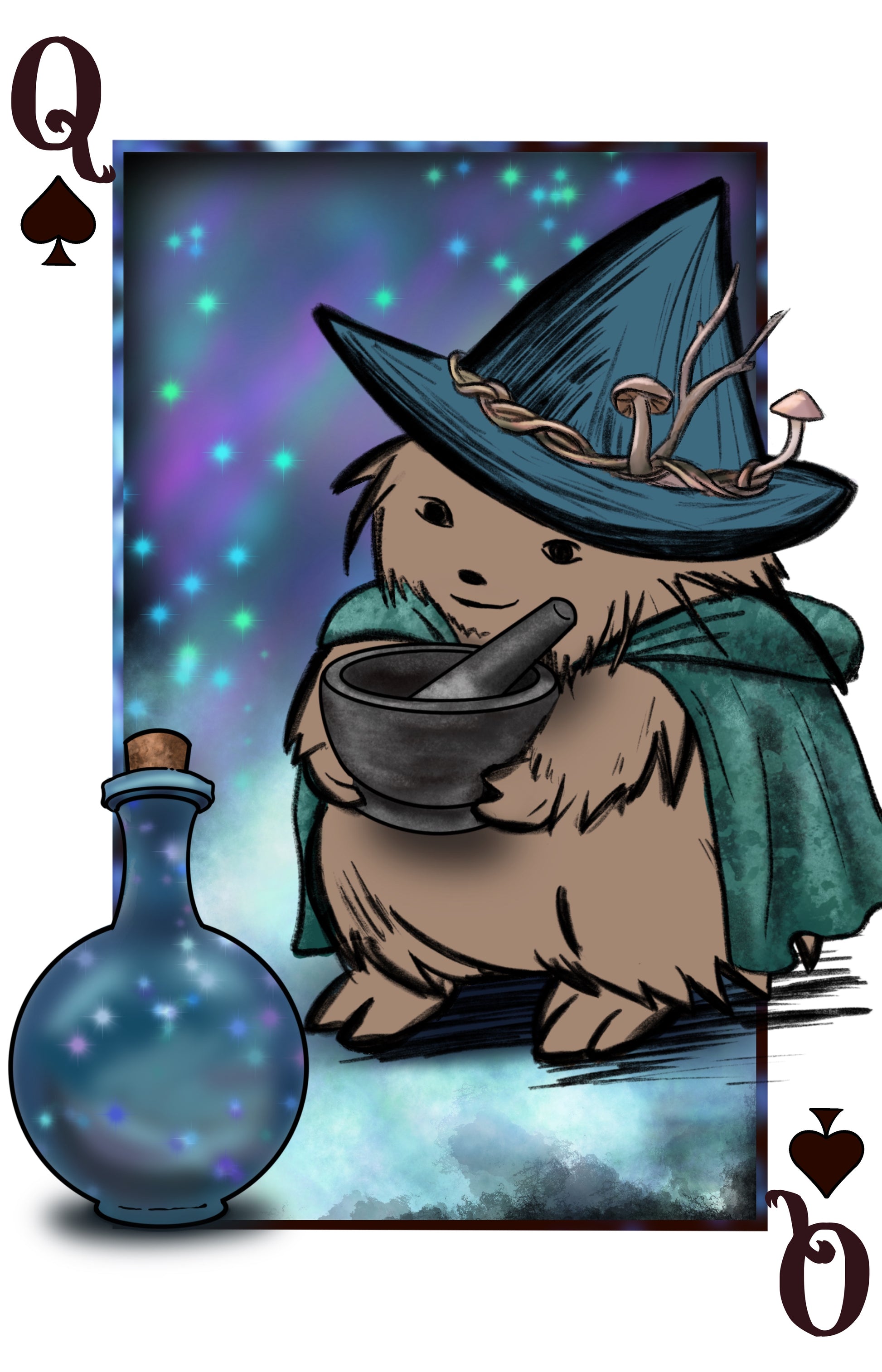 Fantasy themed playing cards. The queen of spades is a hedge witch named Morgana. She holds a mortar and pestle, wears a cape, and mushrooms in her hat. A potion jar sits in the foreground.