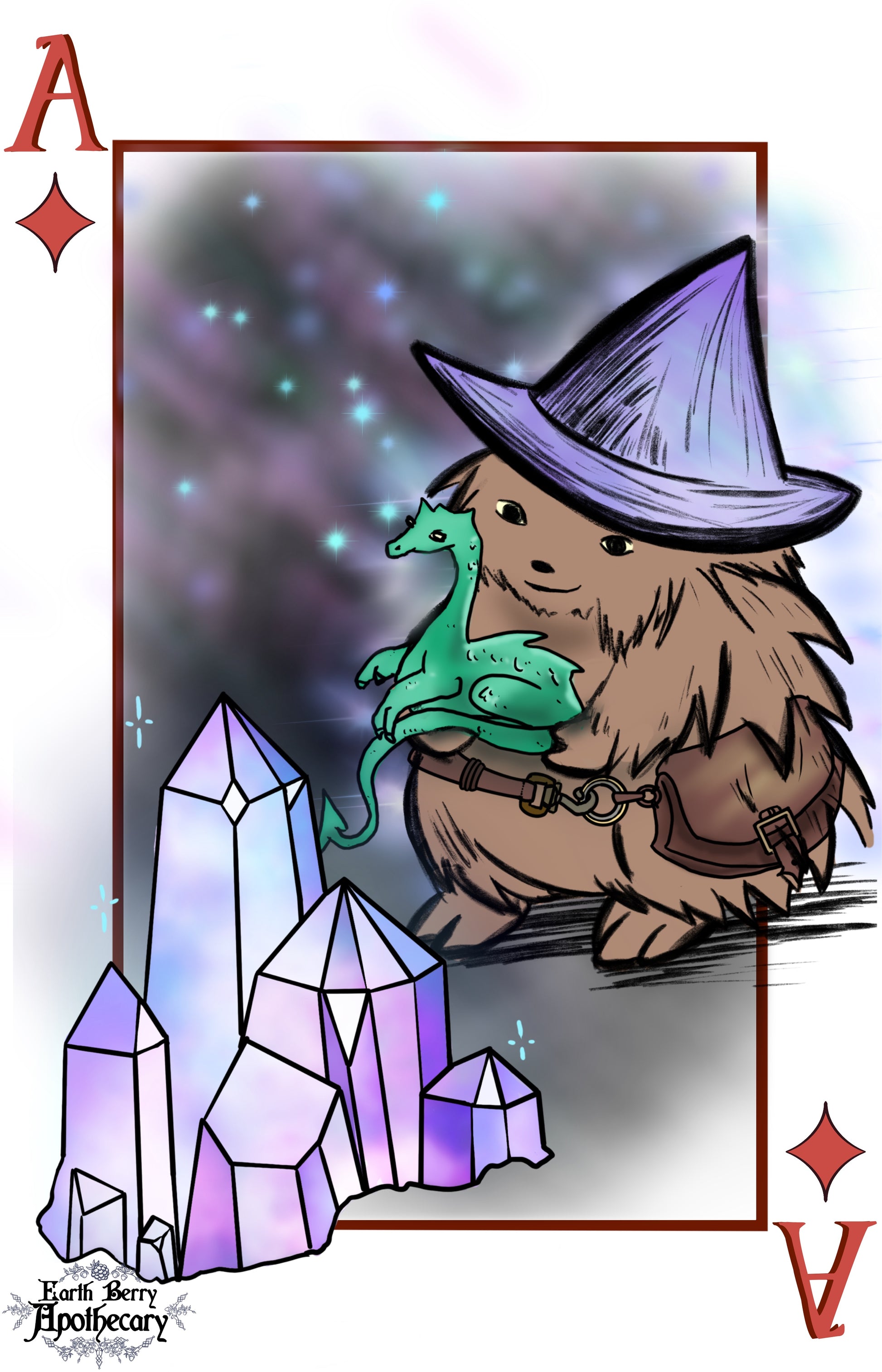Fantasy themed playing cards. The hedge witch holds a baby dragon. Sparkling crystals light the way through the crystal cave.