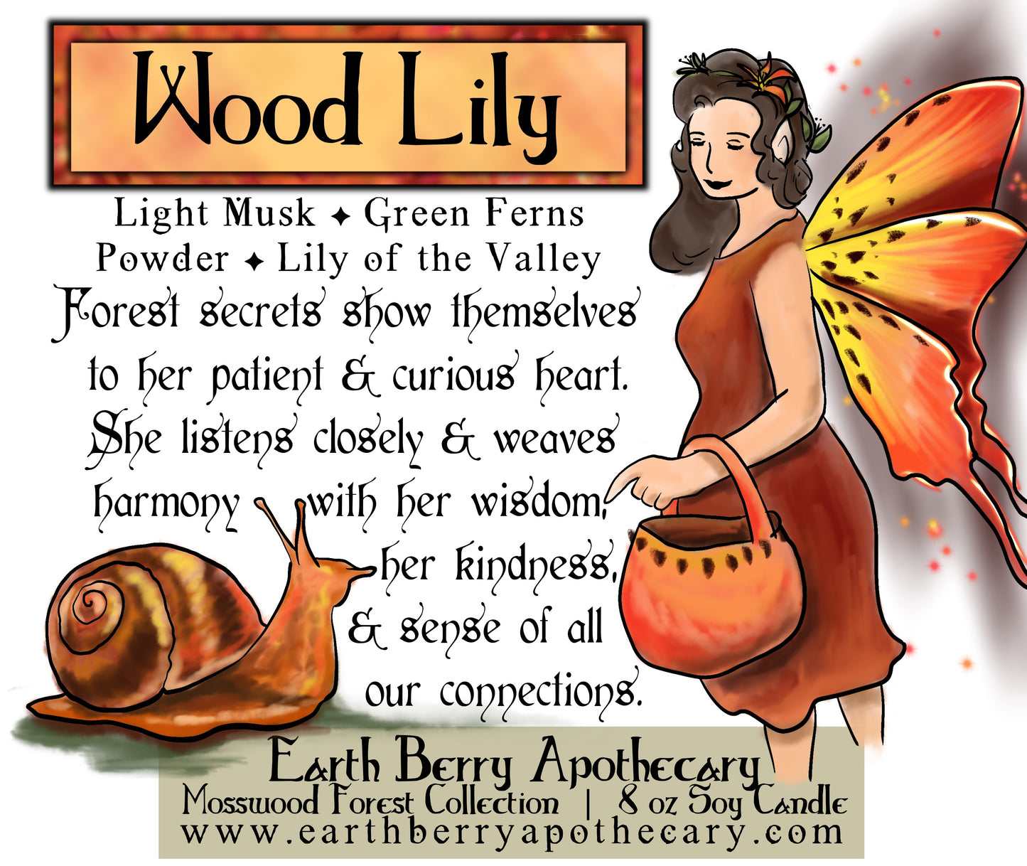 Wood lily and lily of the valley scented soy candle with a flower fairy and snail on the label