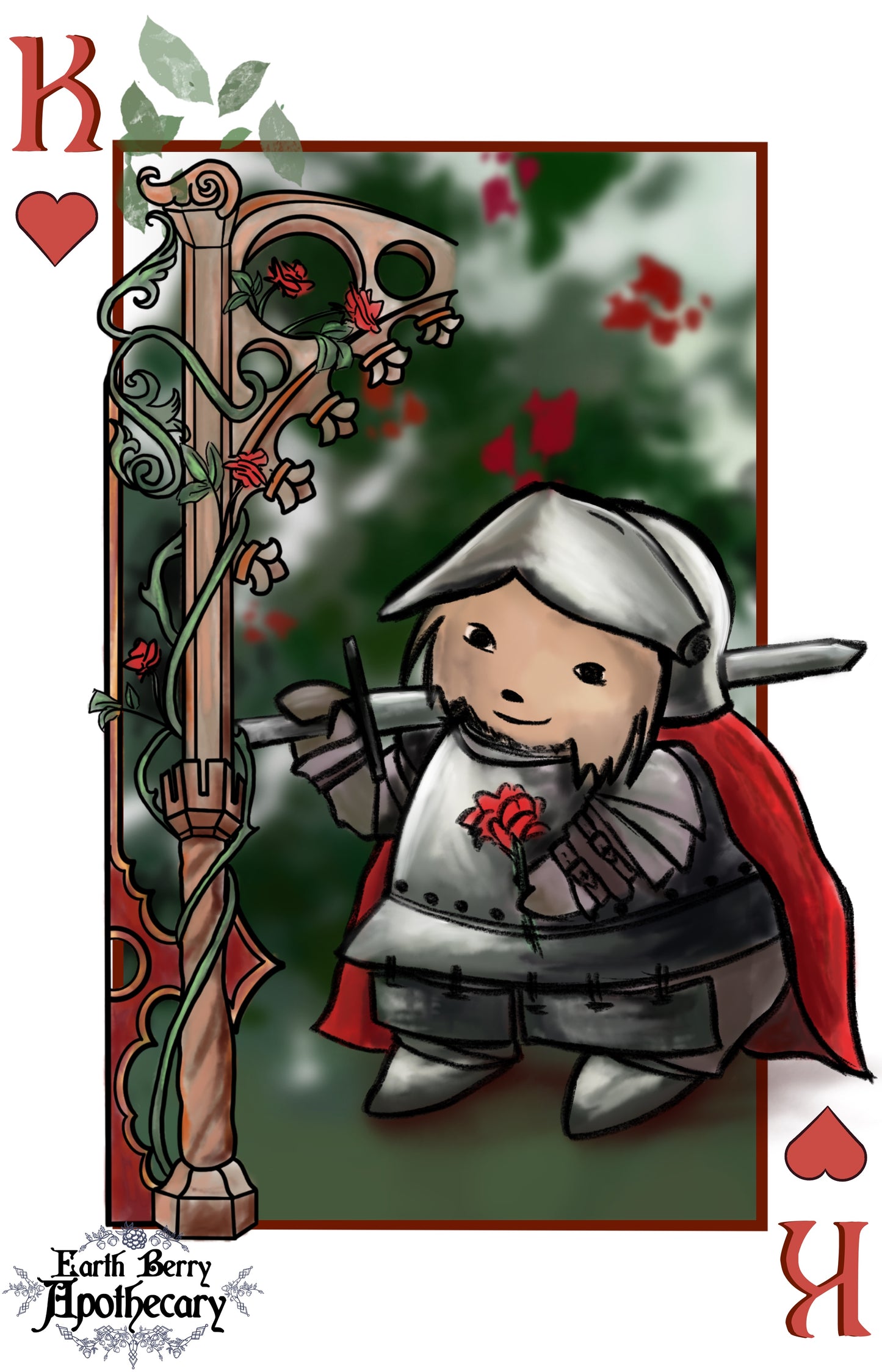 Knight’s charm king of hearts playing card. Fantasy themed playing cards.