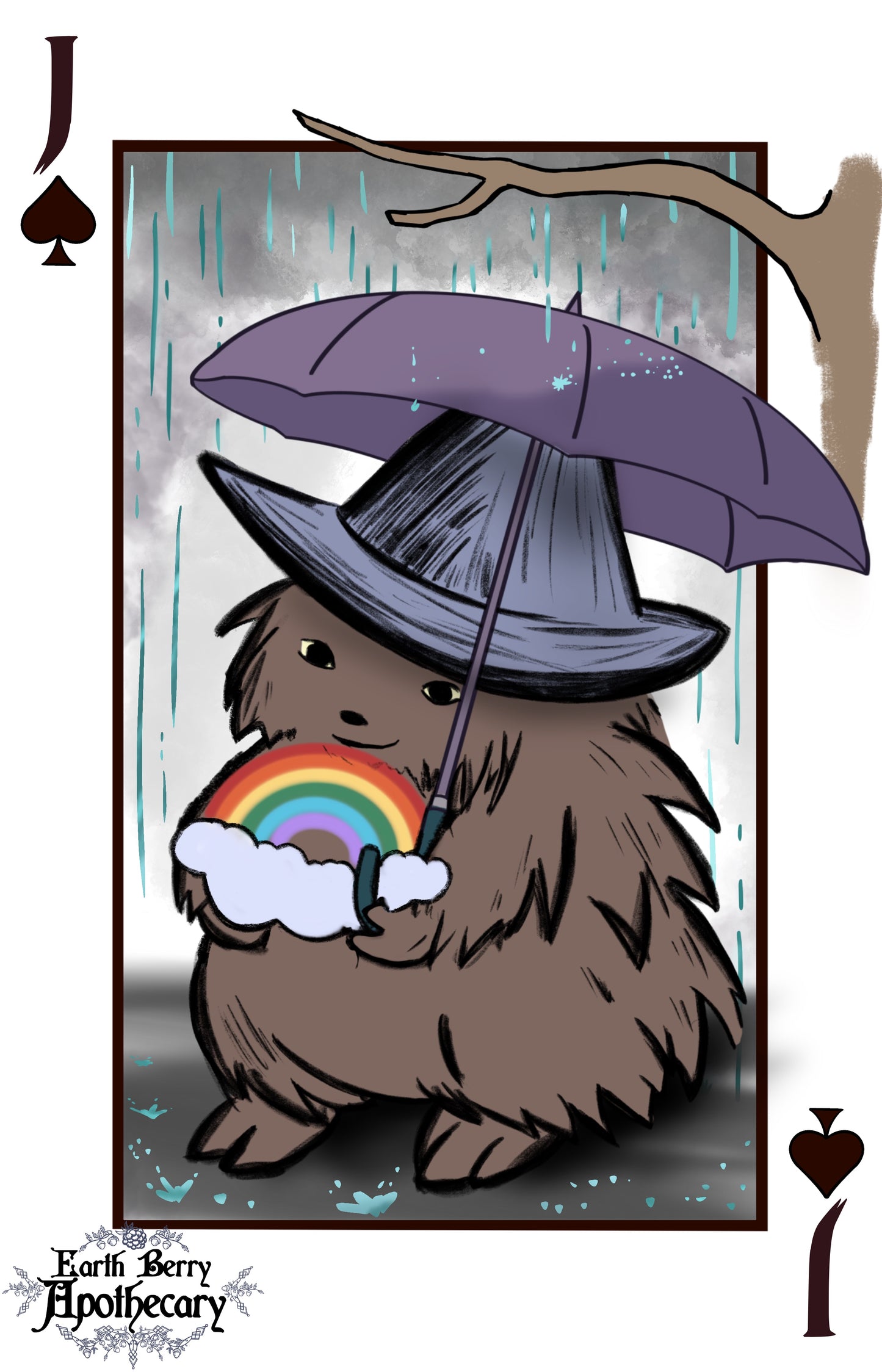 Fantasy themed playing cards. The Jack of spades playing card depicts the hedge witch under a purple umbrella on a rainy day. She holds a beautiful rainbow.