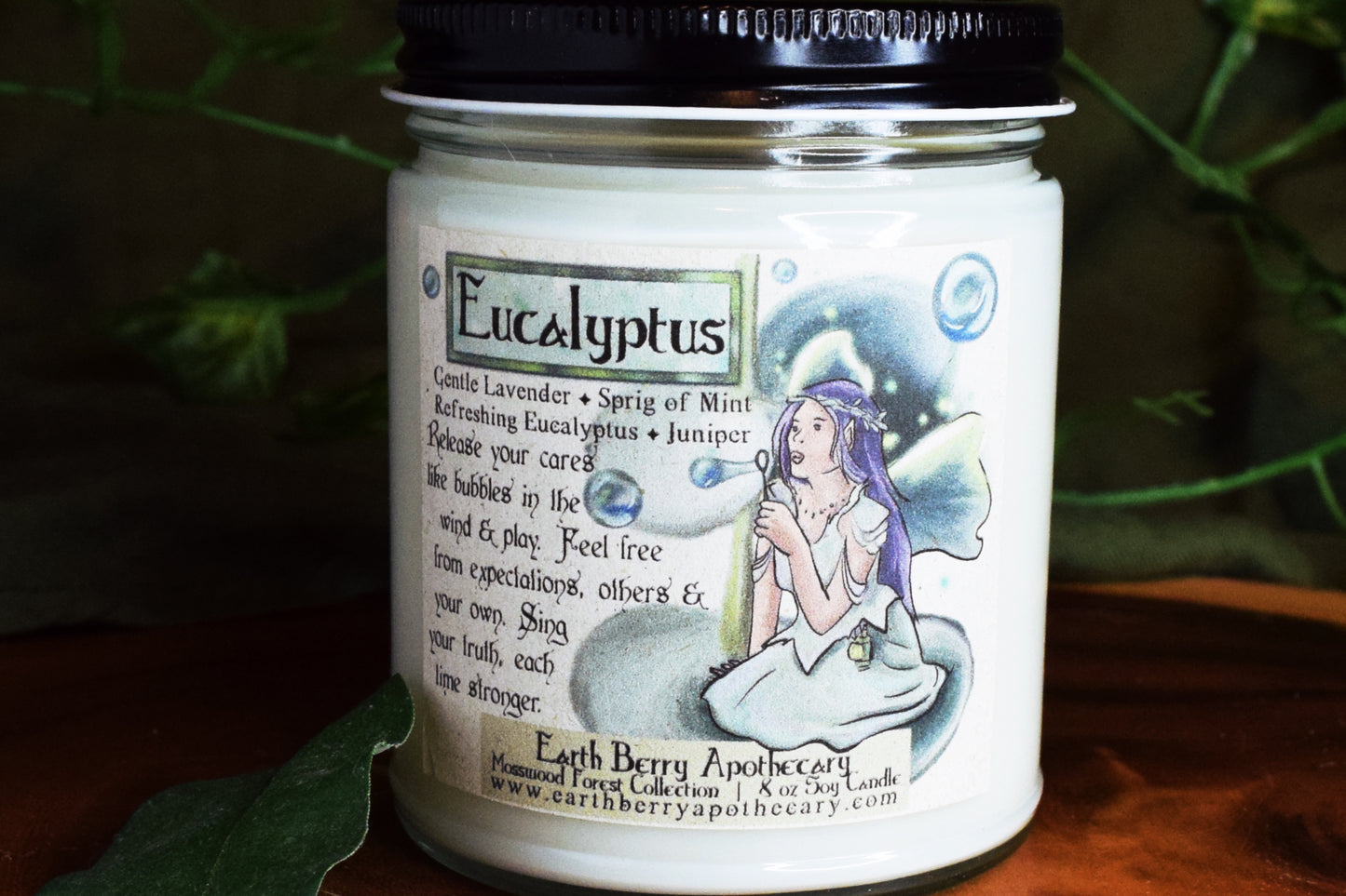 Eucalyptus scented flower fairy handmade soy candle