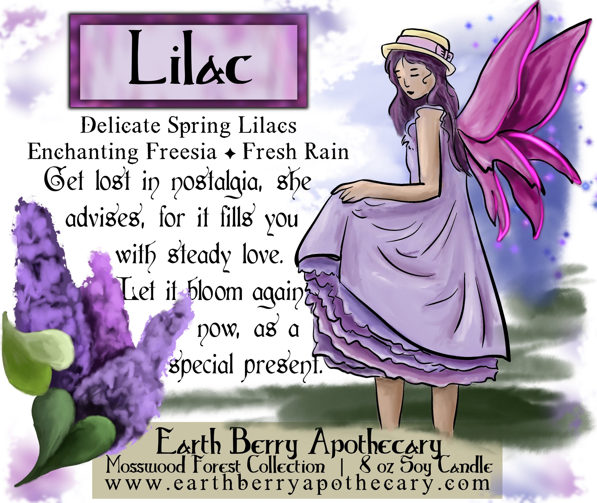 Lilac flower fairy wearing purple petticoats. Label for lilac scented soy candle
