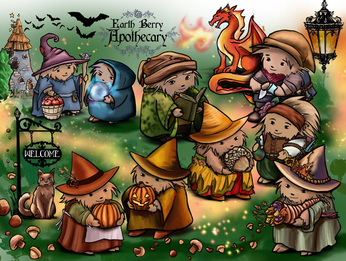 A whimsical illustrated scene by Earth Berry Apothecary with multiple cartoon woodland creatures dressed as hedge witches and fantasy characters. There is a cat, bats, and dragon. Mushrooms, a lantern, and Wizard’s tower enhance the autumnal mood.