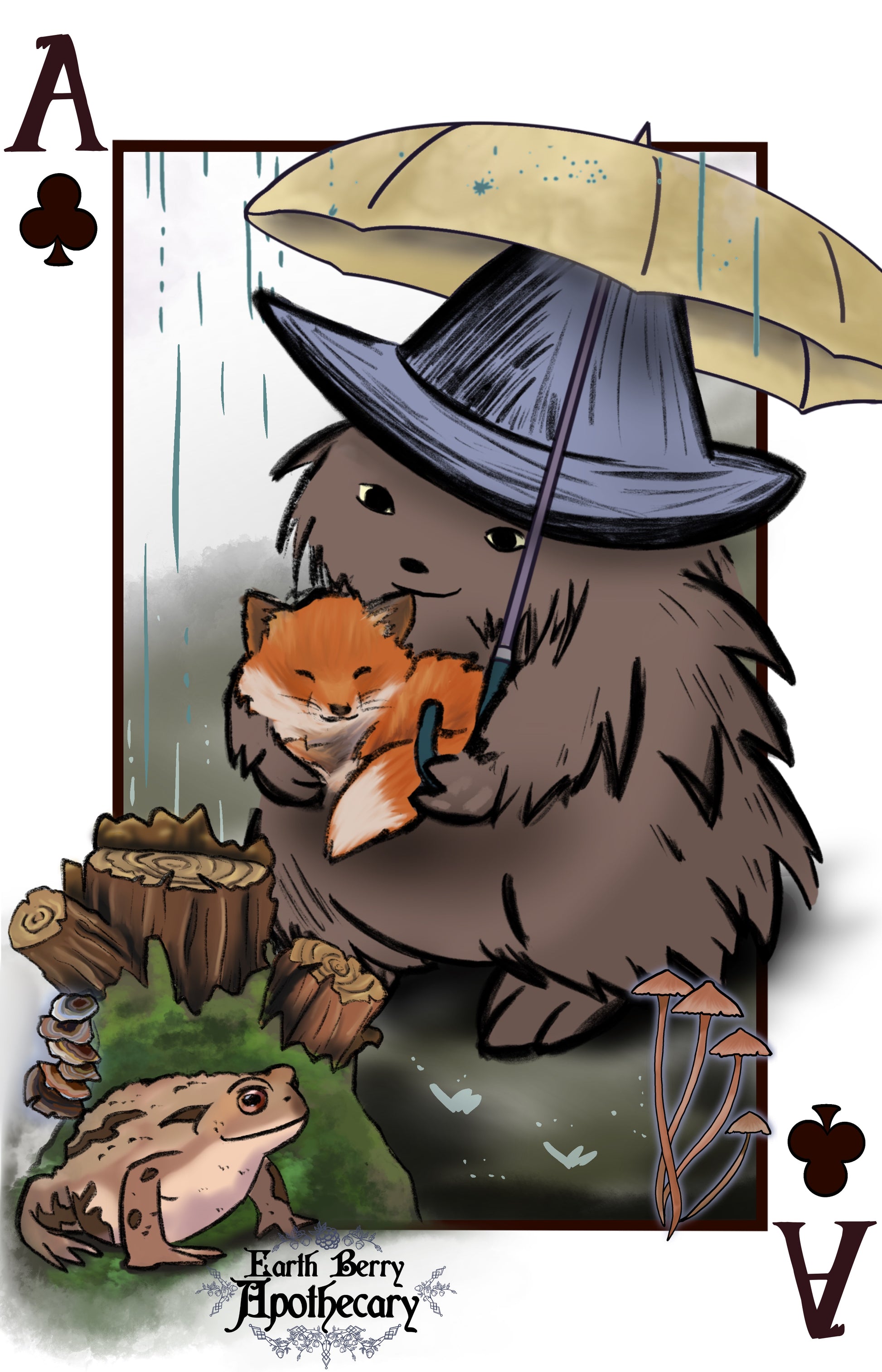 Fantasy themed playing cards. The ace of clubs playing card depicts the hedge witch hugging a baby fox. She holds an umbrella. A toad happily sits on a mossy stump in the rain.