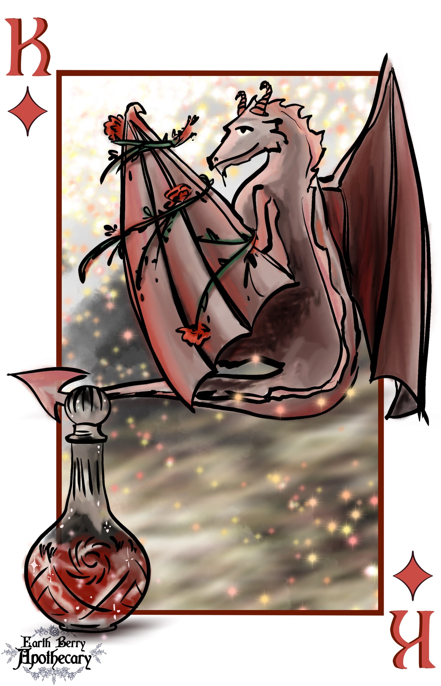 Fantasy themed playing cards. King of diamond playing card is a dragon sparkling with treasure. A potion in a crystal decanter sits in the foreground.