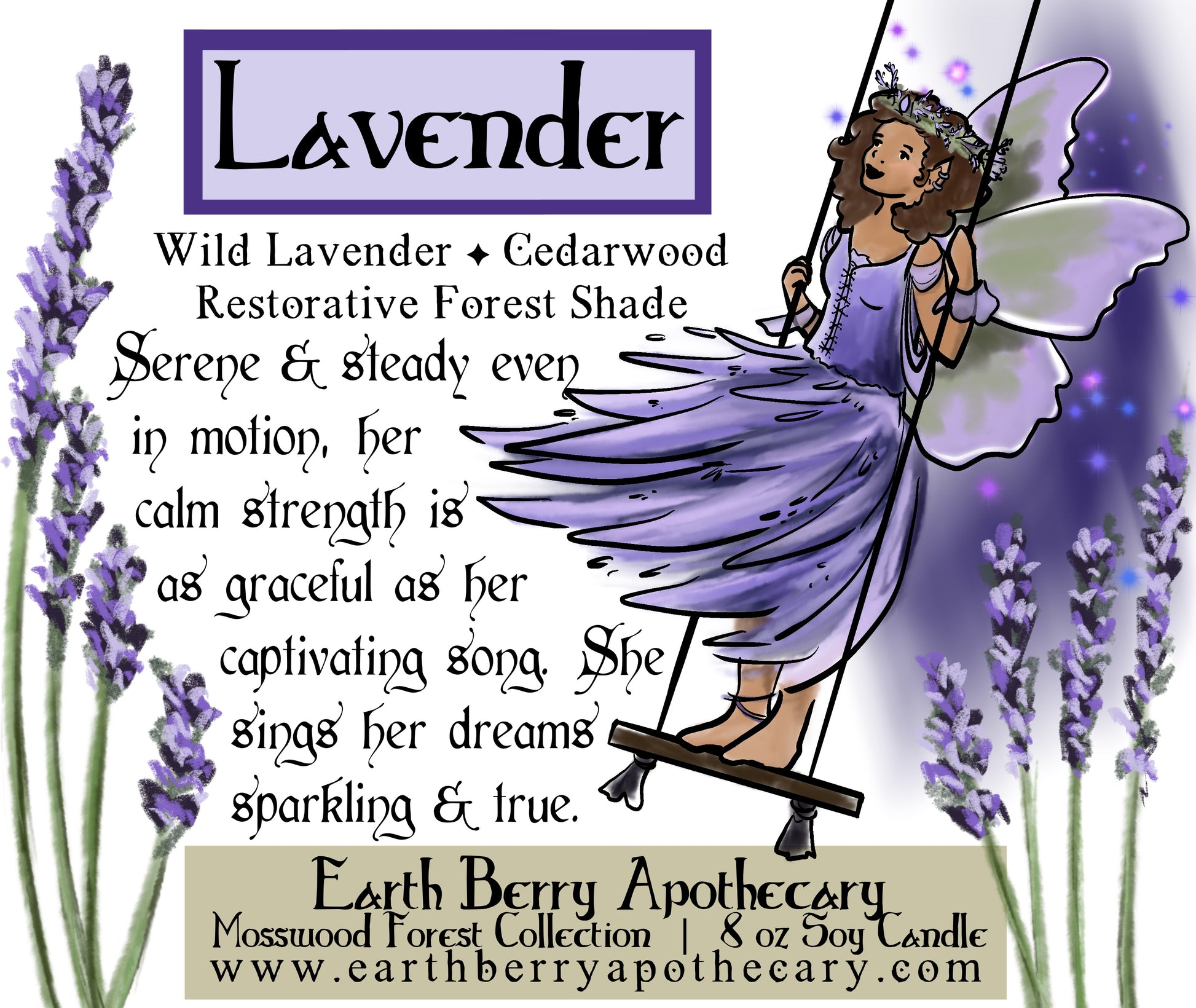 Lavender scented flower fairy soy candle, with the fairy wearing a beautiful purple dress, standing on a swing.