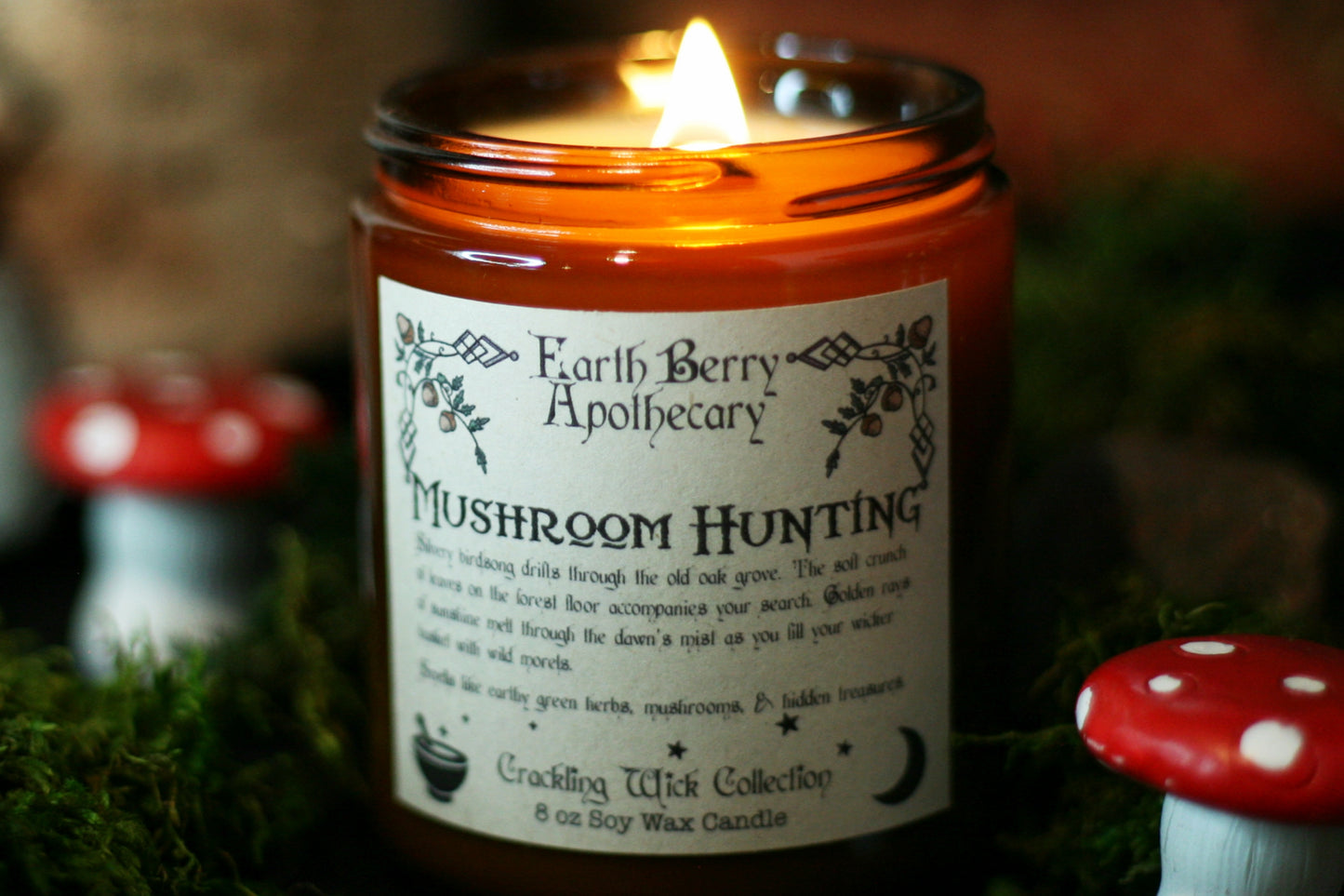 Mushroom hunting patchouli sandalwood scented crackling wood wick soy candle